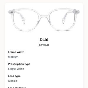 Warby Parker "Dahl" Clear Crystal Prescription Eyeglasses
